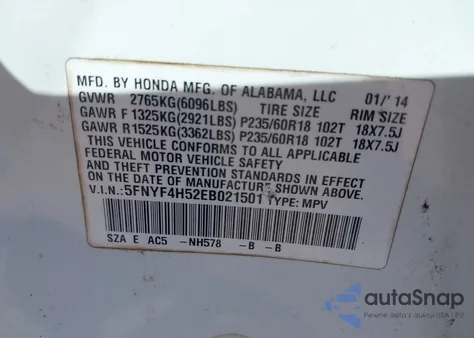 2014 Honda Pilot Ex-L из США, поврежденный, VIN 5FNYF4H52EB021501